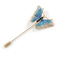 Gold Tone Blue/Milky White Enamel Crystal Butterfly Lapel, Hat, Suit, Tuxedo, Collar, Scarf, Coat Stick Brooch Pin - 63mm Long