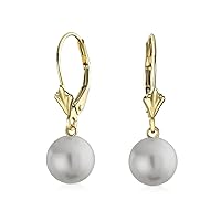 Classic Real 14K Yellow Gold Grey Black White 8MM Round Freshwater Cultured Pearl Drop Ball Dangle Earrings Lever Back Women June Birthstone