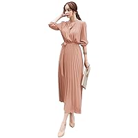 Womens Pleated Long Sleeve Loose Dress Casual Maxi Dresses with Tie Waist