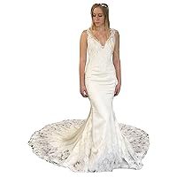 Women's V-Neck Backless Bridal Ball Gowns Long Train lace Mermaid Wedding Dresses for Bride Plus Size