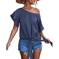 Women O-Neck Tie Front-Knot Short Sleeve Sexy Wrap Crop Top Blouse Shirt Womens Chiffon Short Sleeve Tops and Blouses