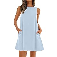 Summer Dresses for Women 2024 Spring Trendy Sleeveless Round Neck Beach Sun Dress Casual Flowy Mini Dress with Pockets