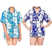 LA LEELA Women's Plus Size Hawaiian Shirt Casual Short Sleeve Fashion Work from Home Clothes Women Beach Shirt Blouse Shirt Combo Pack of 2 Size Large