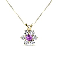 Round Amethyst & Natural Diamond 7/8 ctw Women Floral Halo Pendant Necklace. Included 18 Inches Chain 14K Gold
