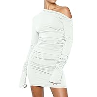 Women's Long Sleeve Dress Sexy Solid Color One Line Neck Open Back Pleated Wrapped Hip Bodycon Dresses, S-L