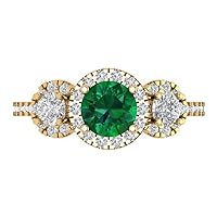 1.72ct Round Cut Halo Solitaire three stone With Accent Simulated Green Emerald designer Statement Ring 14k Yellow Gold