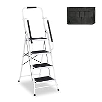 Usinso 4 Step Ladder Tool Ladder Folding Portable Steel Frame MAX 500 lbs Non-Slip Side armrests Large Area Pedals Detachable ToolBag Suitable for Home Office Engineering White