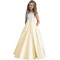 Girl's Satin Flower Girl Dress First Communion Dress Kids Wedding Ball Gowns Beige
