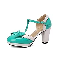 Womens High Heel T Strap Mary Jane Pumps with Bow Patent Leather Sweet Bow Round Toe Platform Shoes