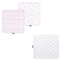 Square Playard/Playpen Mattress Pad Protector White & Fitted Sheets 2 Pack Mild Pink Stripes and Hearts Print, Perfect for 36 X 36 Portable Playard