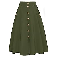 Belle Poque Womens A Line Midi Skirt Vintage Swing Skirt High Waisted Pleated Skirt with Buttons