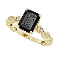 1.00 CT Art Deco Emerald Shape Black Diamond Ring 14k Yellow Gold, Milgrain Emerald Black Diamond Engagement Ring, Scalloped Black Onyx Ring, Promise Ring For Her