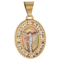 0.5-7/8 inch (mm) Oval Genuine 14K 3-Color Gold Cubic Zirconia Body of Christ Pendant Necklace for Women & Men Diamond Cut Back Available or without Chain