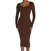 Women's Winter Long Midi Dress Square Neck Long Sleeve Bodycon Dress Stretch Ribbed Slim Lounge Solid Dresses