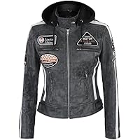 LP-FACON Women Retro Grey Hooded Biker Distressed Leather Jacket - Vintage Cafe Racer Badges Motorcycle Patches Jacket