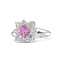 1.00Ctw Beautiful Lotus Engagement Wedding Bridal Ring Princess Cut Pink Sapphire & CZ Diamond 925 Sterling Sliver