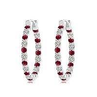 925 Sterling Silver Ruby Brilliant Cut Round 2.00mm Hoop Earrings With Rhodium Plated