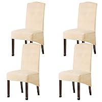 Velvet Plush XL Dining Chair Covers, Stretch Chaircover, Spandex High Chairs Protector Covers Seat Slipcover with Elastic Band for Dining Chairs (Cream Yellow, Set of 4)