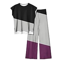 Plus Size Womens Color Block 2 Piece Sets Summer Loungewear Outfit Cap Sleeve High-Low Hem Tops and Wide Leg Pants