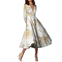 Women Vintage Geometric Print Dress Casual Long Sleeve V-Neck Big Hem High Waist Pocket Dresses