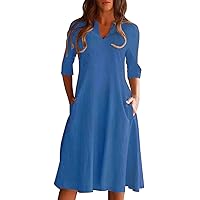 XJYIOEWT Strapless Summer Dress Short,Women's Summer V Neck Casual Solid Color Cotton Swing Dress Low V Dress