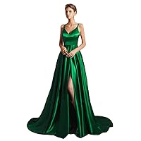 Women's Spaghetti Strap Prom Dress Satin A Line Evening Party Dress with High Slit