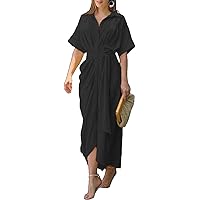 Women's Dress with Flip Collar, Medium Length, Short Sleeved, Single Breasted, High Waisted Shirt Skirt