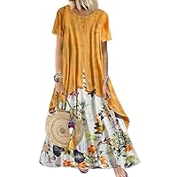 Women's Flowy Cotton Linen Midi Dress Vintage Short Sleeve Long Shirtdress Plus Size Elegant Maxi Dress Boho Layered Dress