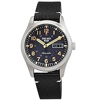 SEIKO SRPG39 Watch for Men - 5 Sports - Automatic with Manual Winding Movement, Blue Dial, Stainless Steel Case, Black Leather Strap, 100m Water Resistant, and Day/Date Display