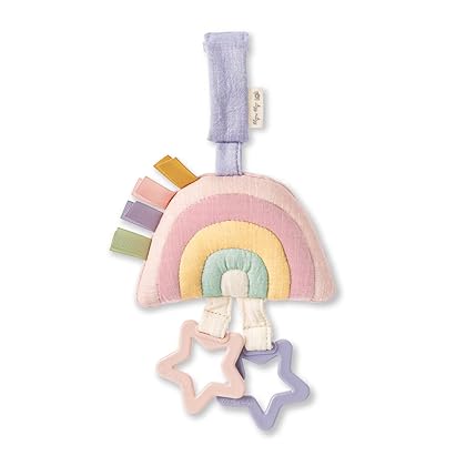 Itzy Ritzy Bitzy Bespoke Jingle Travel Toy for Stroller, Car Seat or Activity Gym; Features Jingle Sound, Hexagon Rings and Adjustable Attachment Loop, Pastel Rainbow (JIN3003)