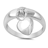 Sterling Silver Women's Dangling Heart Charm Ring Cute 925 Band 5mm Sizes 4-10