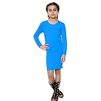 Girls Bodycon Dress Long Sleeve Plain Round Neck Casual Stretchy Mini Tunic Top