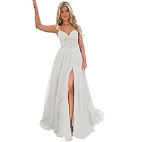 Tsbridal V-Neck Lace Appliques Long Prom Dress 2024 Slit Formal Evening Party Gown