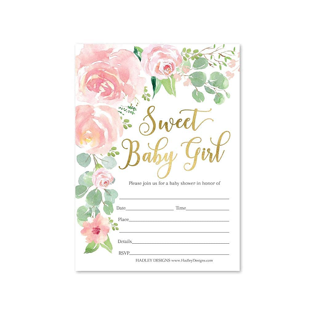 Hadley Designs 25 Floral Sweet Baby Shower Invitations, 25 Book Request Baby Shower Guest Book Alternative, Sprinkle Invite for Girl, Bring A Book Instead Of A Card, Baby Shower Invitation Inserts