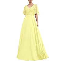 Plus Size Yellow Mother of The Bride Dress for Women Lace Applique Chiffon Short Sleeve Formal Gowns and Evening Dresses 24