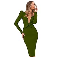 Women's V Neck Long Sleeves Evening Dresses Mermaid Satin Prom Gowns Army Green