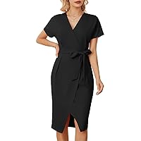 GRACE KARIN Women's Short Sleeve V Neck Business Dress Tie Waist Faux Wrap Slit Cocktail Party Dress Bodycon Midi Dress