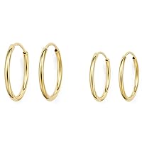 14k Gold Thin Continuous Endless Hoop Earrings, Two Pair Set Popular Small Sizes 10mm and 12mm Hoops