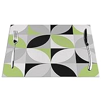 Set of 4 Placemats Green Black Lime Mosaic Pattern Gray Grey White Retro Non-Slip Washable Place Mats for Dinner Parties Decor Kitchen Table 12x18 Inch