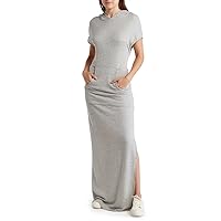 Women's Casual Comfy Maxi Dress - Short Sleeve Pullover Hoodie - Pockets - Sweatshirt Feel