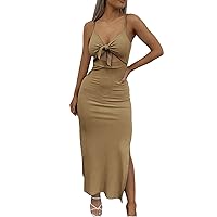 Short Summer Dresses for Women 2024, Women's Casual Fashion Sexy Suspender with Hollowed Out Side Slit Wrap Hi