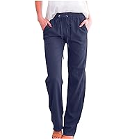 Womens Linen Pants Comfy Summer Pants High Waisted Casual Pants Straight Leg Work Pants Pull On Trousers with Pockets