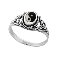 Dainty 5/16 inch Sterling Silver Yin Yang Ring for Women and Girls flower sides sizes 5-9
