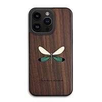 ONNAT-Insect Art Series Case for iPhone 14 Pro Max/14 Pro/14 Plus/14 - Real Insect Specimen(Dragonfly) Genuine Black Walnut Wood Luxury Gifts for Women (14 Pro,Style-5)