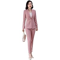 Women's Stripe 2-Piece Suit Notch Lapel One Button Jacket with Pants for Formal Office Lady