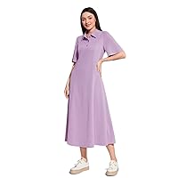 2023 Women's Solid Polo Collar Dress - Lilac Purple, Casual, Button Front, Short Sleeve, Loose Fit Liaoruay