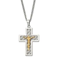 32mm Chisel Stainless Steel Polished Yellow Ip Plated Grey Carbon Fiber Inlay Crucifix Pendant a Curb Chain Necklace 24 Inch Jewelry for Women