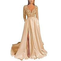 Long Sleeve Satin Bridesmaid Dresses for Wedding 2023 V Neck Slit Prom Dresses Ball Gowns for Women Formal Sequin