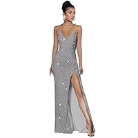 Spaghetti Straps V Neck Sequins Prom Dress Mermaid Split Long Bridesmaid Formal Evening Party Dress for Women