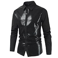 Black Sequin Party Shirt Men Long Sleeve Casual Button Down Mens Dress Shirts Stage Prom Shirt